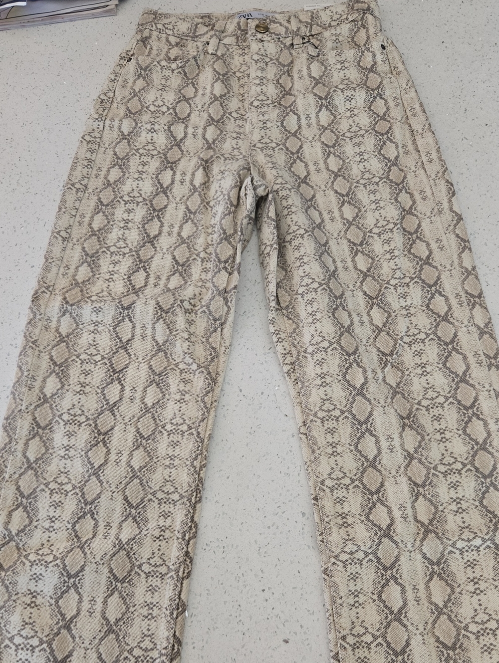 Zara Beige Snake-Print Straight Fit Jeans
